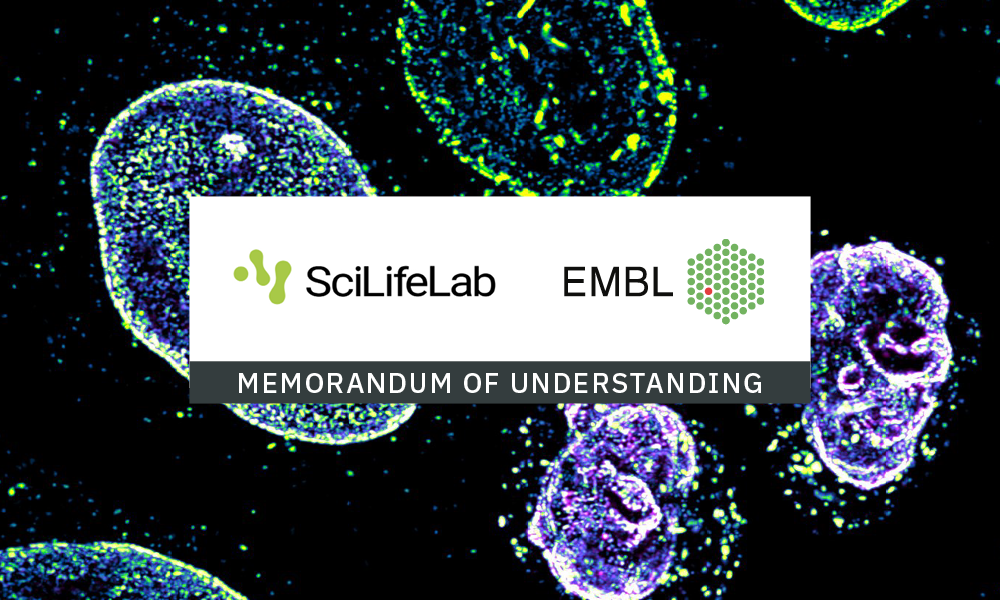 Logos of EMBL and SciLifeLab on a white background, overlaid on a fluorescence microscopy image of cells.