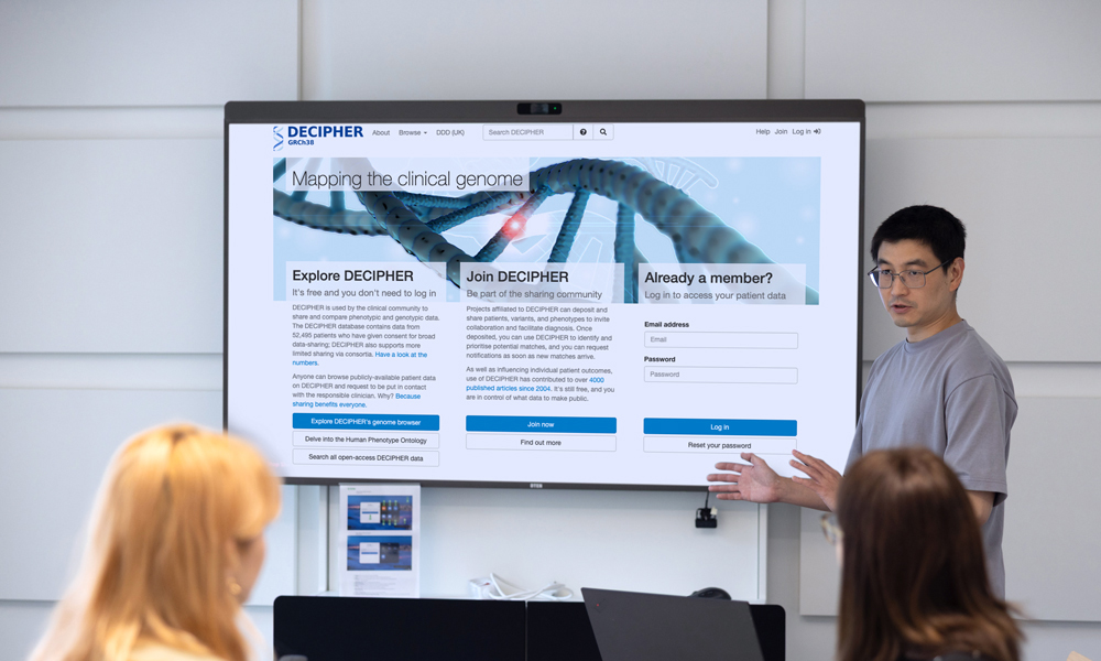 Decipher screen displayed in a meeting room