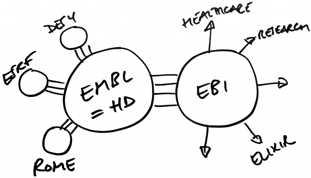 HD bubble on left with DESY, ESRF and Rome bubbles connected to it, large EBI bubble to the right, with healthcare, research and Elixir bubbles coming out of it