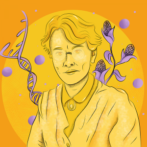 Portrait illustration of geneticist Barbara McClintock, maize crops and DNA molecule in the background.