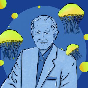 Illustration of elderly male scientist, bright green jellyfish in the background.