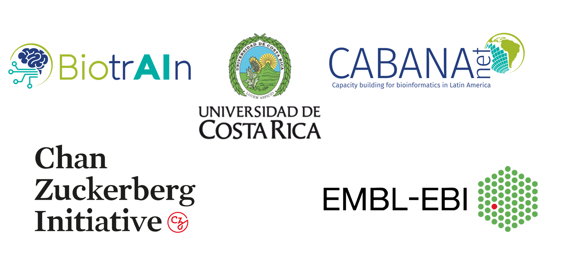 BiotrAIn partner logos. Universidad de Costa Rica, CABANAnet, EMBL-EBI, and Chan Zuckerberg Intiative.