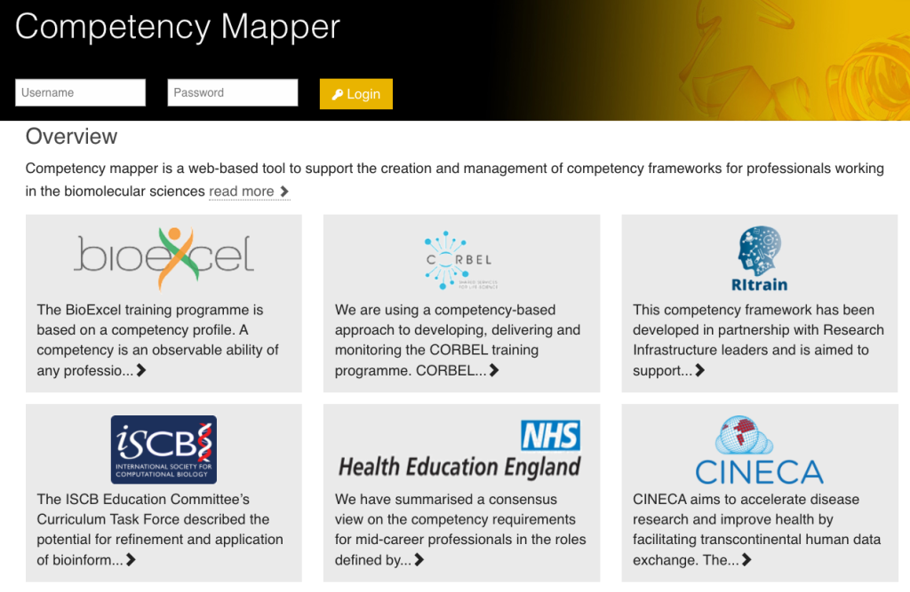 Front page of the competency mapper website featuring projects