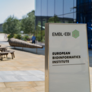 EMBL-EBI directional sign on the Wellcome Genome Campus, Hinxton, UK.