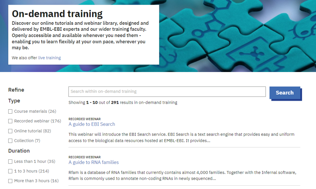 Screenshot of the on-demand section of the EMBL-EBI Training website