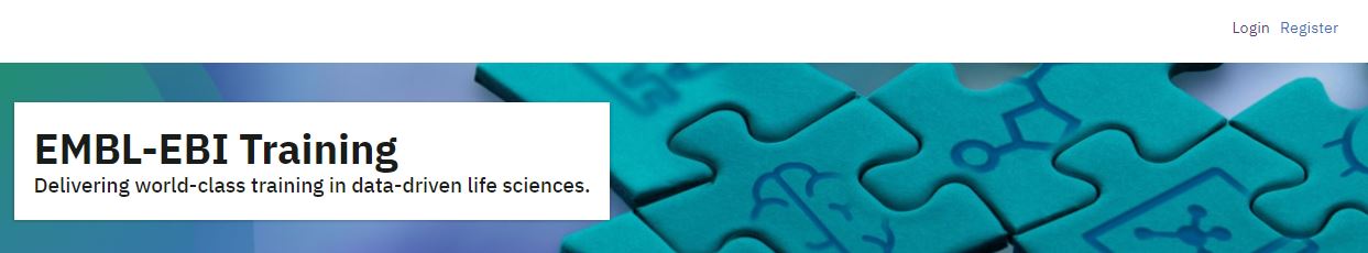 A screen shot of the EMBL-EBI Training website, showing the log in and register buttons in the top right hand corner of the screen.