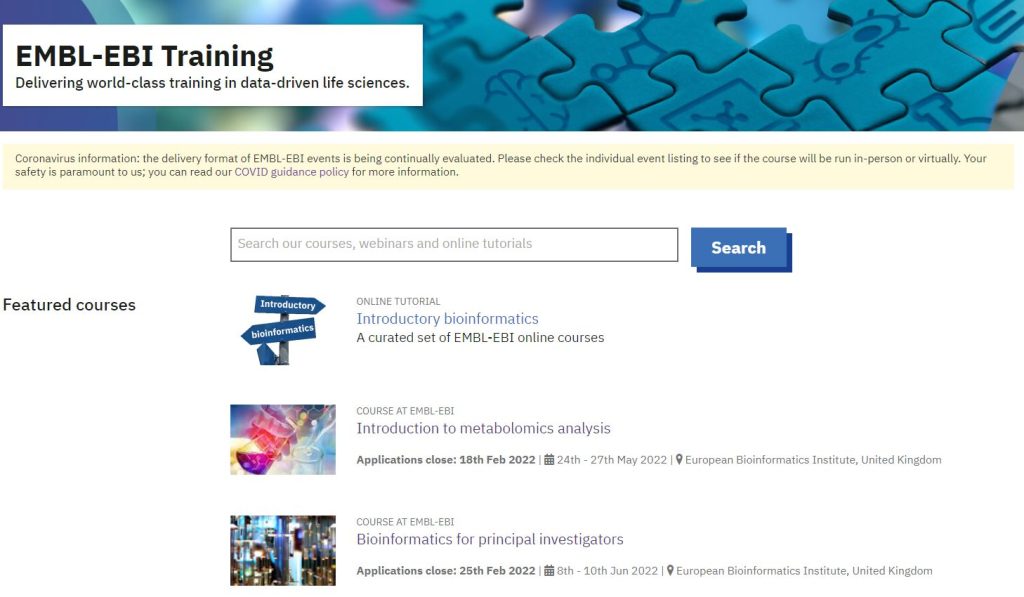 A screen shot of the EMBL-EBI training homepage