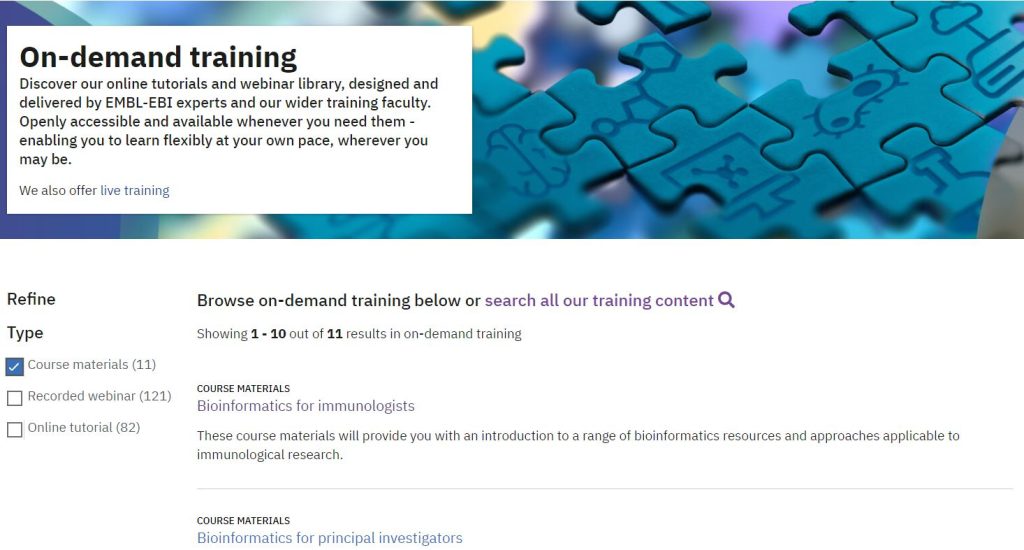 A screen shot of EMBL-EBI training, on-demand listings