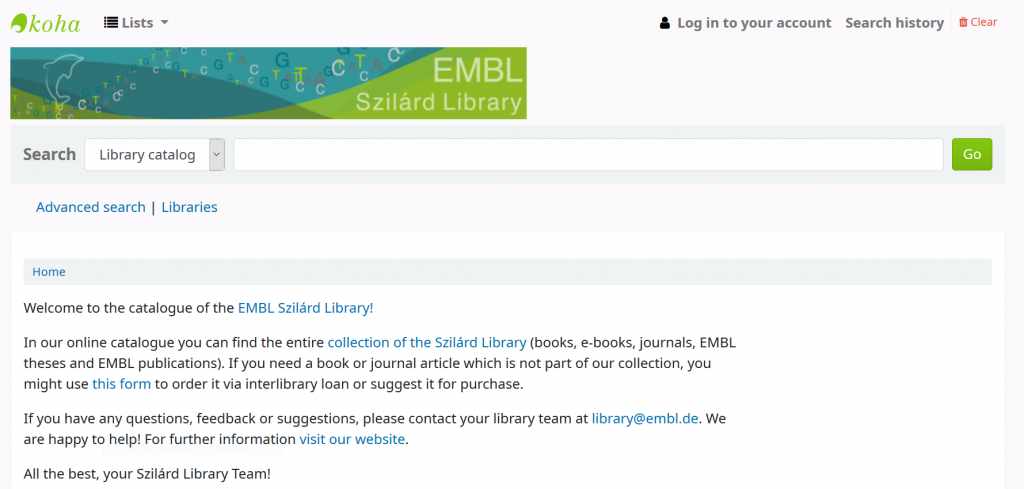 Homepage of the new library system