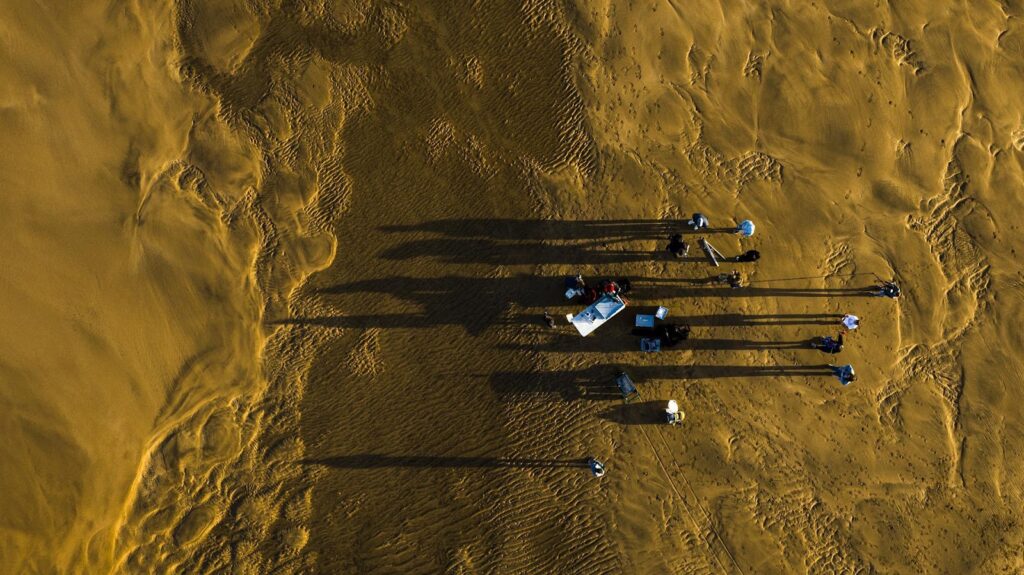 Drone shot of scientists sampling coastal sands in Bilbao in October 2023 