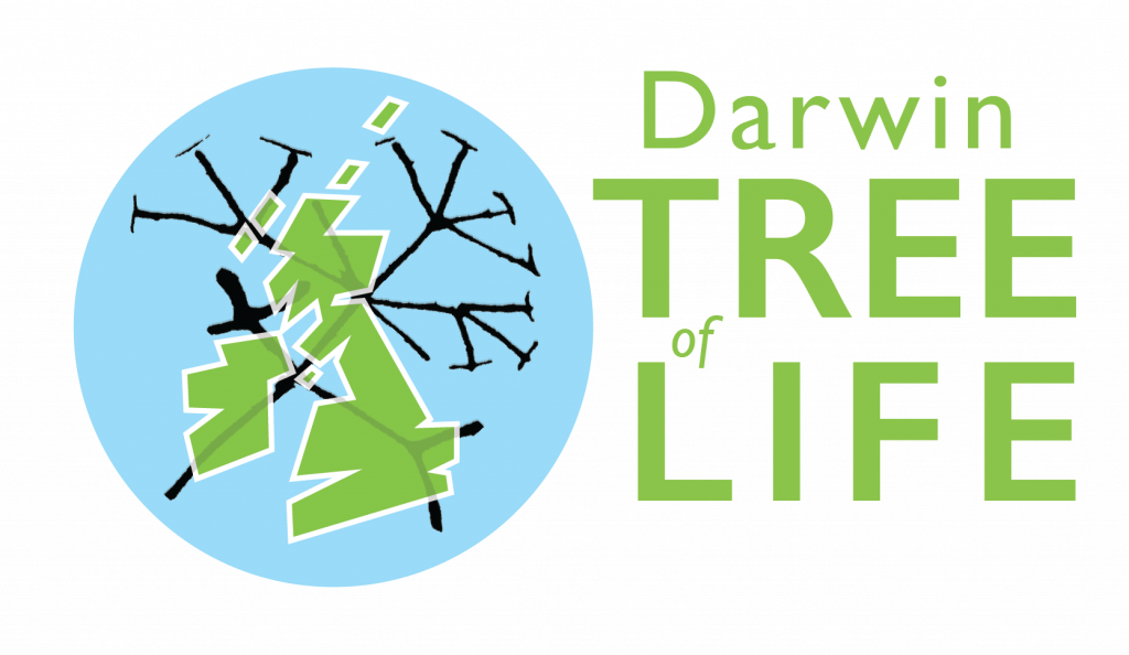 Stylised drawing of the UK in green, in the centre of a blue circle, overlaid with a branched diagram of a phylogenetic tree - next to this image is the wording, in green, 