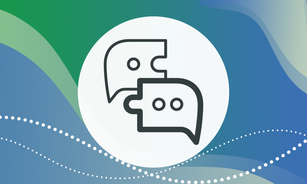 two speech bubbles looking like puzzle pieces representing science and society theme of the exhibition