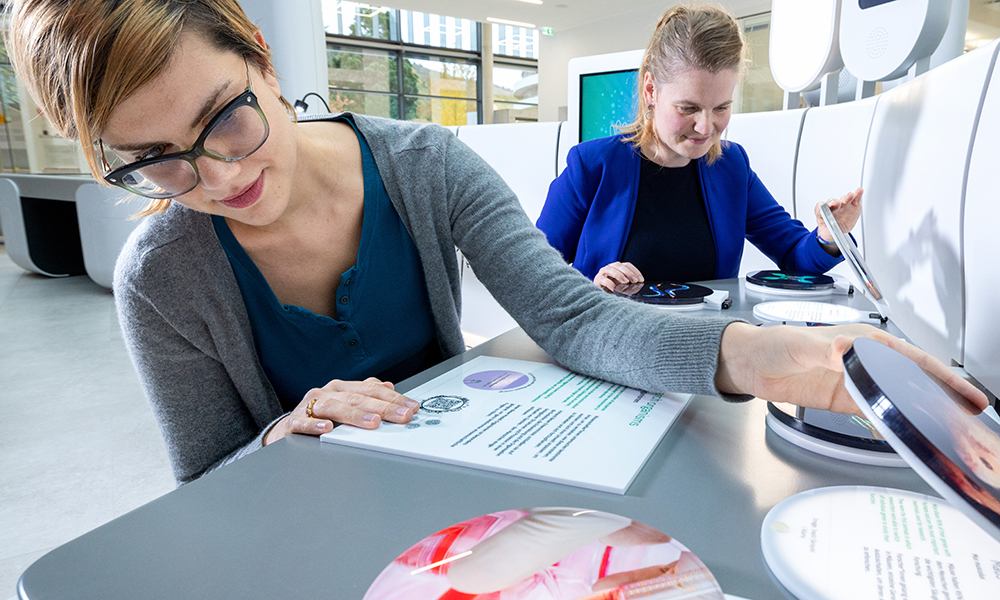 zwei junge Frauen entdecken die Ausstellung und öffnen Infoklappen zu Forschungsorganismen