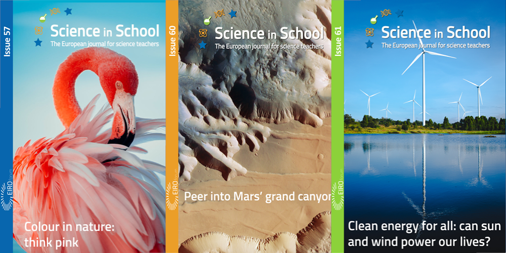 Cover spread of three magazines - left hand one has a photo of a flamingo the middle is the surface of Mars and the right hand is wind turbines on the waters edge.