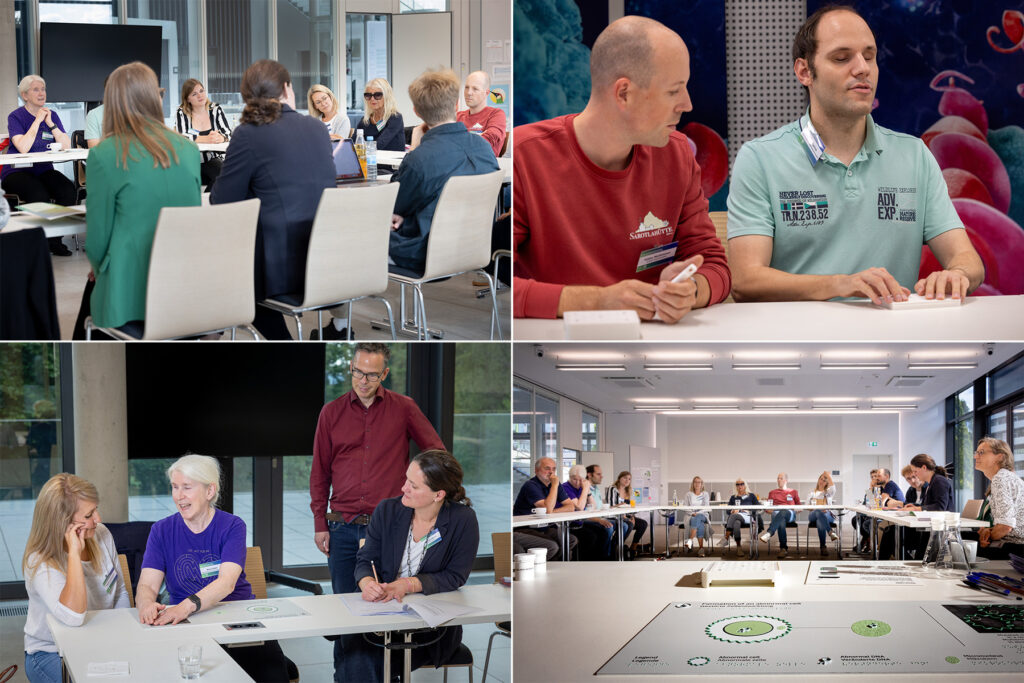 Collage picturing people participating in a round-table discussion and blind participants testing the quality of tactile prototypes while giving feedback to other people.