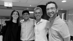 BREAKDANCE project coordinators: Verena Ruprecht (CRG), Vikas Trivedi (EMBL Barcelona) and Pierre-François Lenne and Matthias Merkel (CNRS). Photo: EMBL.