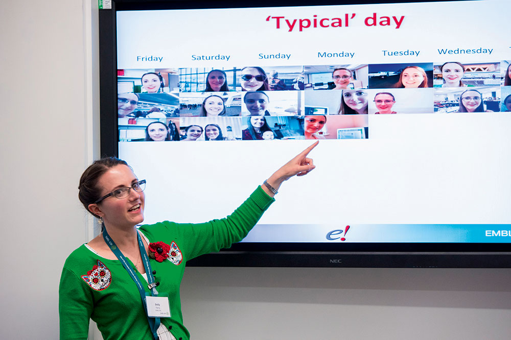 What's a typical day for an Ensembl Outreach Officer? Emily Perry shows us at EMBL-EBI Open Day 2015 on 29 October. PHOTO: Robert Slowley