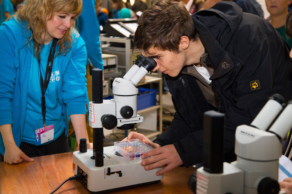 Taking a look at protein crystals under the microscope. PHOTO: EMBL/Rosemary Wilson