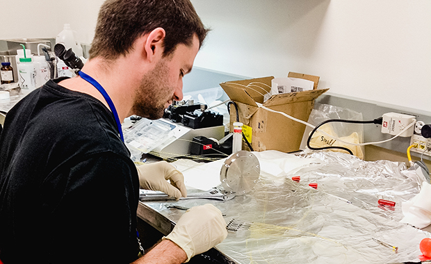 Daniel Passon prepares nozzles for sample delivery via liquid jet. PHOTO: EMBL/Daniel Passon