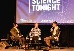 Vasily Sysoev, right, hosts Prakash Balasubramanian and Lars Steinmetz at Science Tonight.