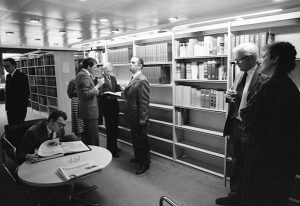 Inauguration of the Szilárd Library in the late 1970s, led by John Kendrew (right). PHOTO: EMBL