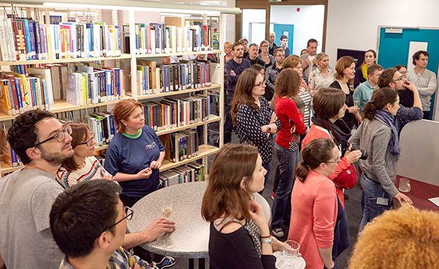 Guests gather to celebrate the reopening of the Szilárd Library in May 2016. PHOTO: EMBL/Marietta Schupp