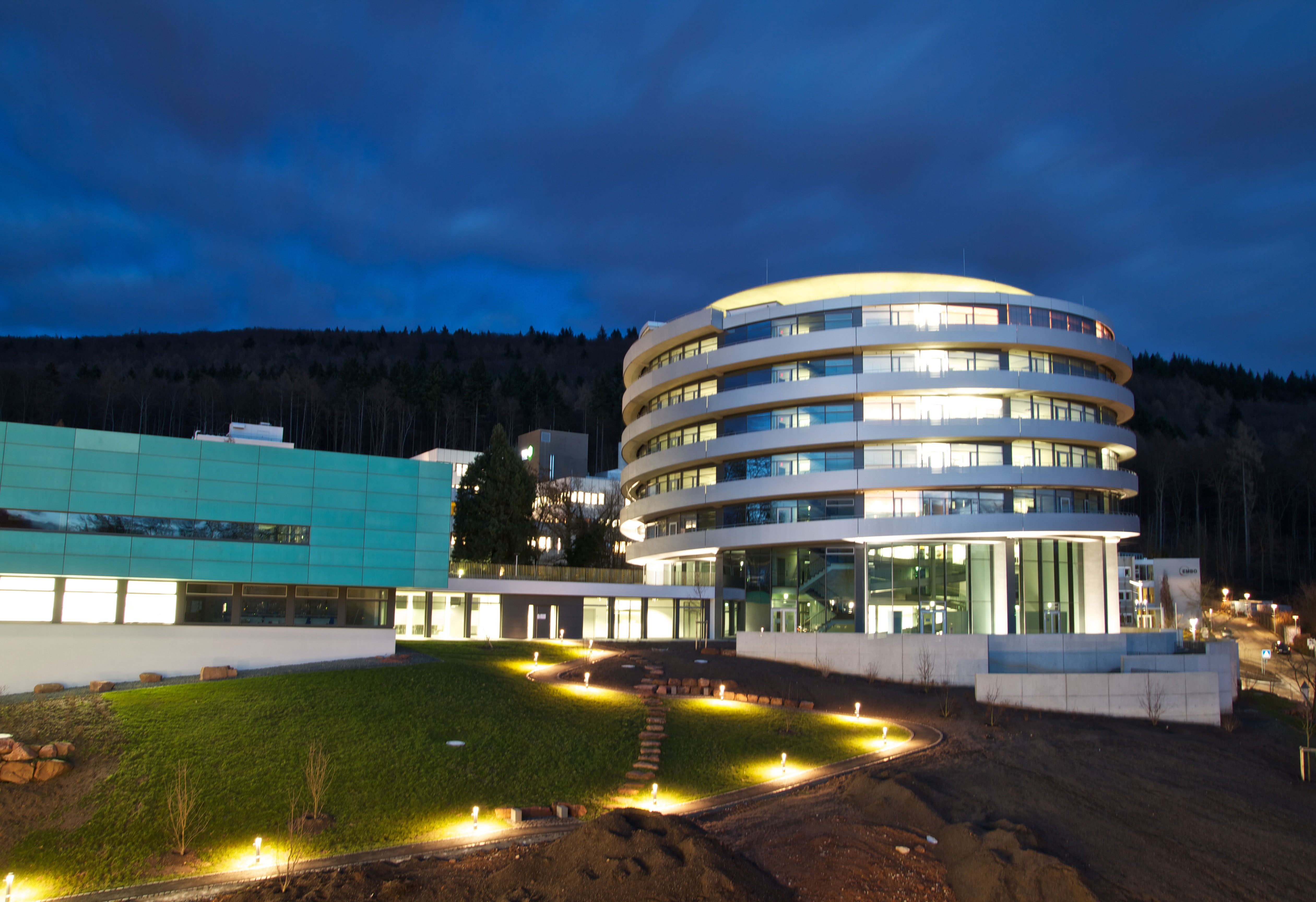 EMBL ATC lit up at night