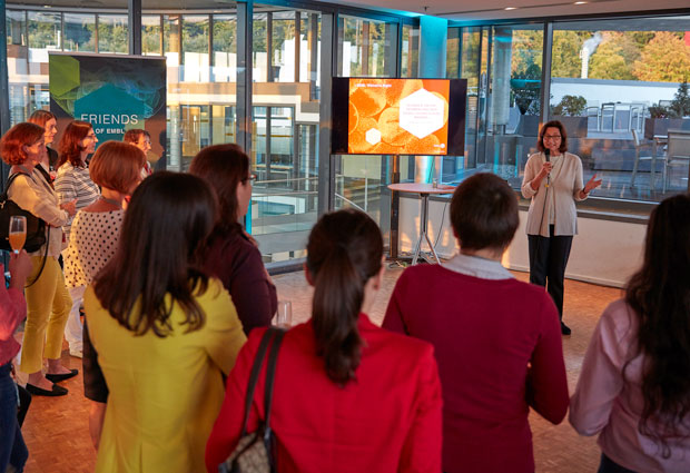 Margret Suckale kicking off the Women’s Night in the rooftop lounge at EMBL. credits: Marietta Schupp/EMBL