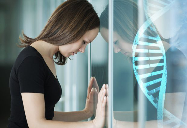 Depressed person against window with double helix superimposed - Genetic risk factors for depression