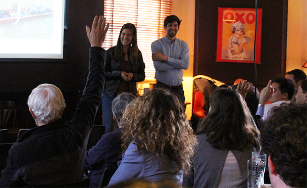 Lara Urban and Maximillian Stammnitz answer questions at the event in Cambridge.