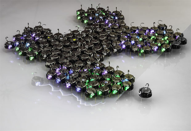 The robots used during the experiments. The shape of this particular swarm is a hand-made illustration of the technique. PHOTO: reprinted with permission from AAAS