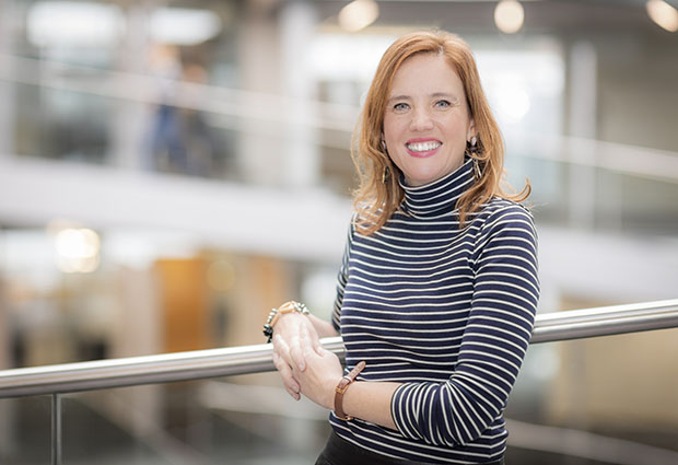 New head of Office of Resource Development at EMBL, Joana WItkowski, stands inside the ATC building at EMBL Heidelberg