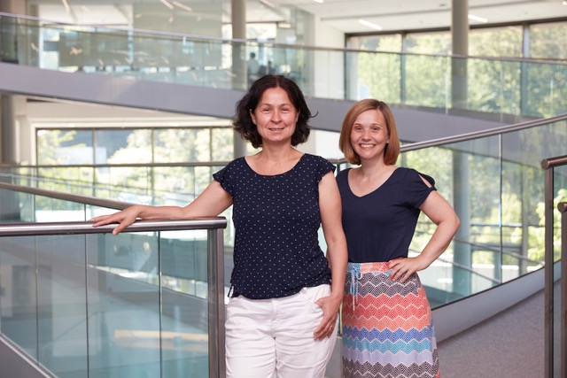 Brenda Stride and Monika Lachner inside EMBL's Advanced Training Centre