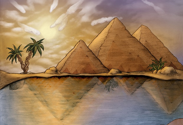 The pyramids represent chromatin domains in the wild-type situation. The reflection in the water below represents the rearrangements in the mutant fruit fly chromosomes. At first glance the (regulatory) landscapes look very similar, but there are lots of changes to the topology, and yet these have little impact on the nature of the landscape (gene expression). IMAGE: Beata Edyta Mierzwa in collaboration with EMBL.