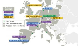 Map showing institutes involved with EMBL in Twinning projects