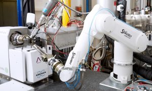 Automated sample changer and diffractometer at the ID30B X-ray crystallography beamline at ESRF Grenoble.