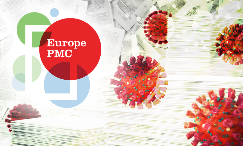Europe PMC logo with red viral particles floating around it. Credit: Spencer Phillips/EMBL, iStock
