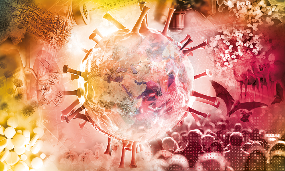 Artwort illustrating various aspects of infection research. The centre of the image shows a cartoon representation of a coronavirus. The spheric shape has been overlaid with a map of the world to illustrate the global spread of viruses. The edges of the artwork feature images of potential virus hosts (bats, poultry, dromedary), a group of humans, a microscope, pills, a syringe and vaccine vial, protein structures, and an illustration of a human lung. The background is set in yellow and red colour.