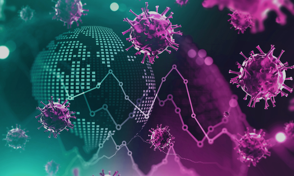 Illustration showing globe, statistics and viruses