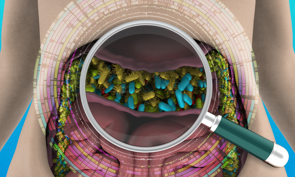 A magnifying glass hovers over the human gut, revealing its biodiversity.