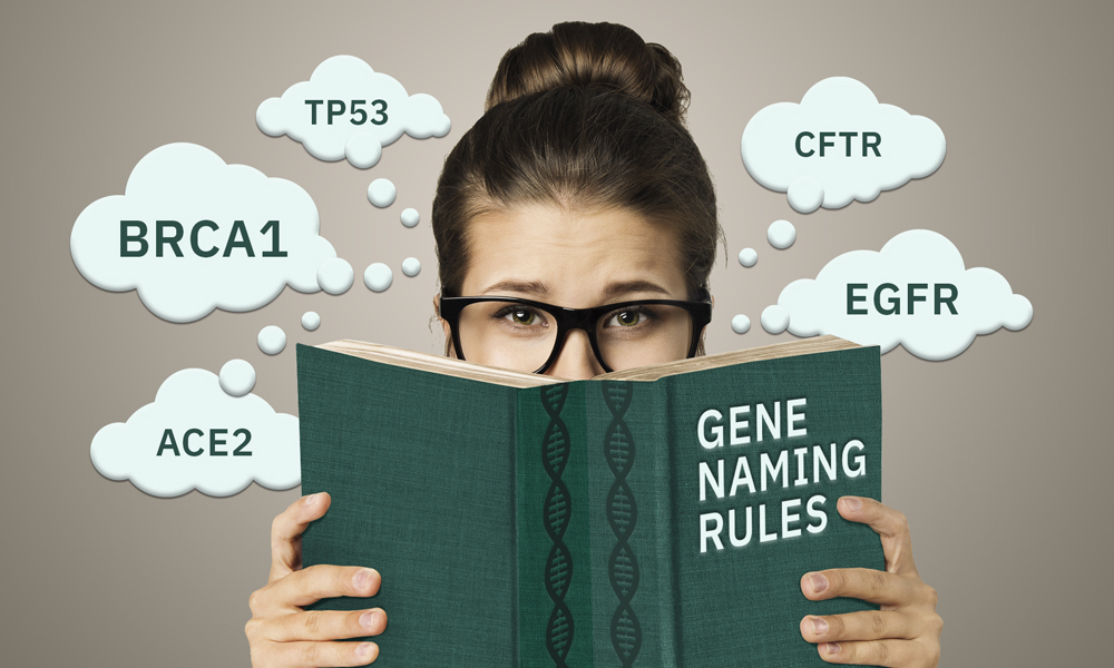A woman with glasses holds a book. The book cover says "Gene naming rules". Thought bubbles float around her head and display gene symbols like BRCA1.