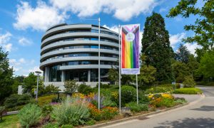 The rainbow pride flag hanging in front of the Advanced Training Centre at EMBL Heidelberg. Picture taken in summer 2020.