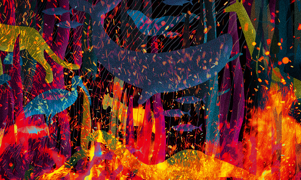 The conference key visual shows a variety of species engulfed by fire, reflecting the conference title, 'Our House Is Burning: Scientific and Societal Responses to Mass Extinction'.