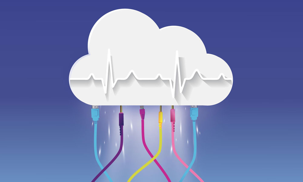 An artistic image of colorful wires connected to a could database.