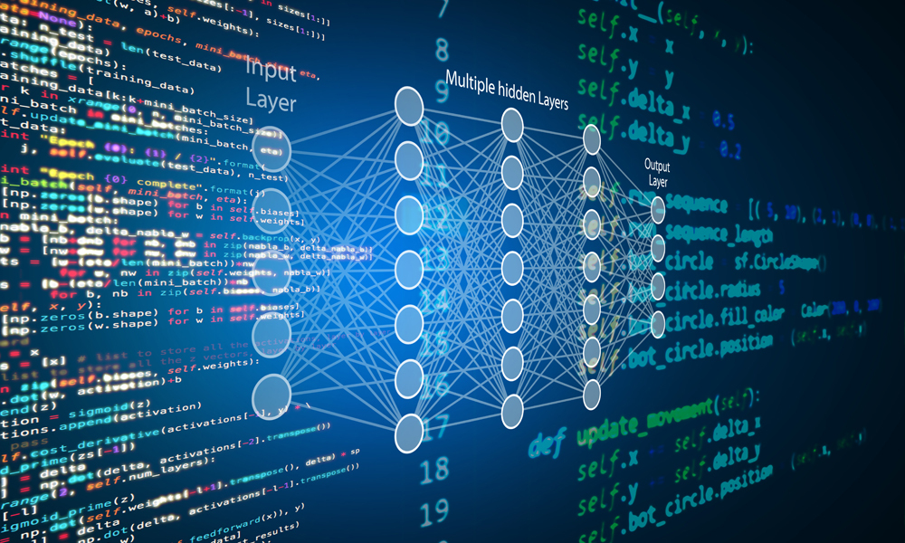 Futuristic image of deep learning schema superimposed on computer code