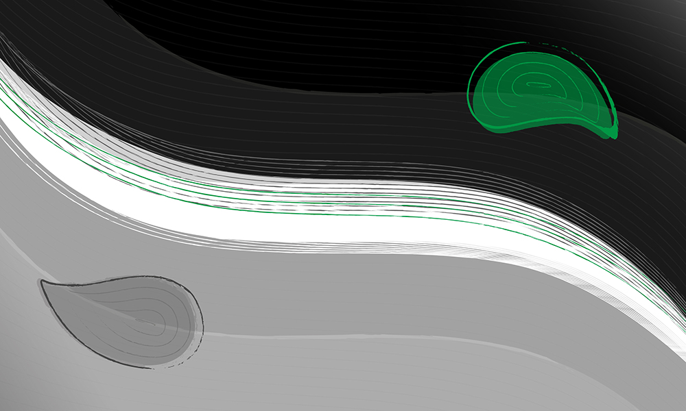 Abstract graphic with big waves of black, white and grey somewhat like yin and yang, with two brain-shaped leaves in the upper right and lower left quadrants, one of which is green and more leafy-looking.