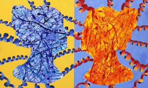 Protein painting from 2020 PDB Art exhibition, showing two colourful proteins on different coloured backgrounds.