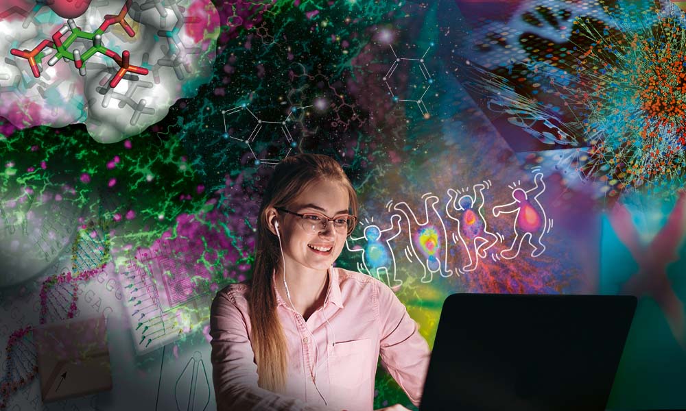 A young woman is participating in an online conference. She is seated in front of her computer, surrounded by images representing scientific ideas