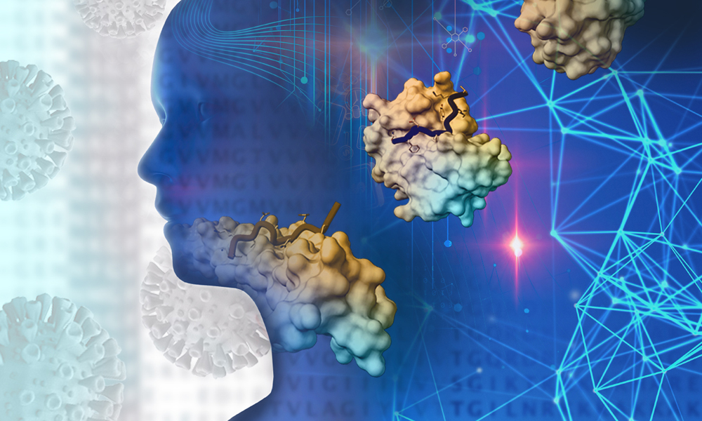 An artistic representation of how bioinformatics allows study of the SARS-CoV-2 infection process. On the left, coronaviruses are approaching a human face contour. On the right, protein structures and a network of connections represent bioinformatic analysis.