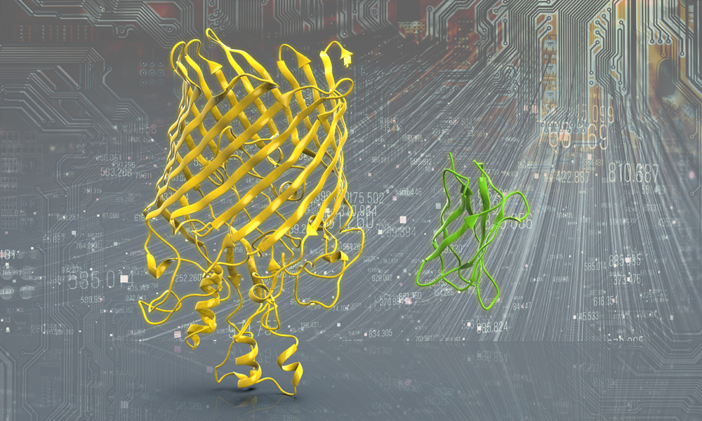 Protein structure models on background symbolising machine learning.